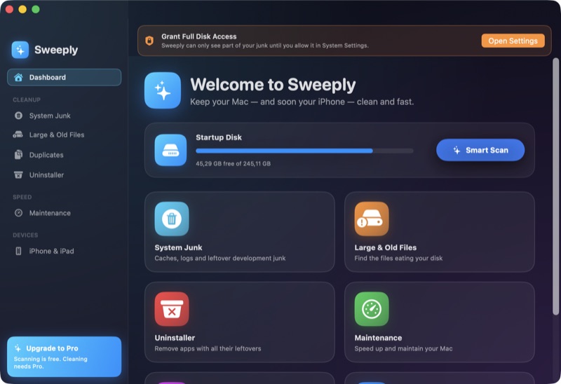 Sweeply app window with the iPhone and iPad cleaning module in the sidebar